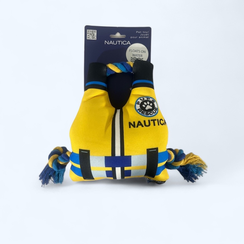 NEW Nautica Floating Dog Toy Plush Life Jacket Knotted Ends Rope Yellow Blue